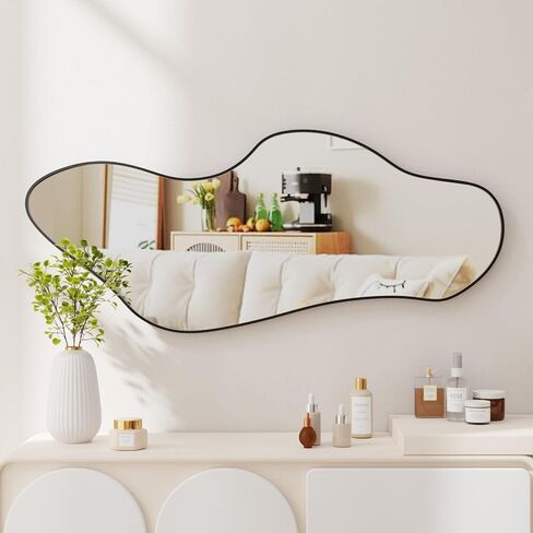 Irregular Wall Mirror Asymmetrical Mirror for Wall 19.6"x47" Black Framed Wall Mirror for Living Room Bathroom Entryway Bedroom, Cloud Shape in Saudi Arabia