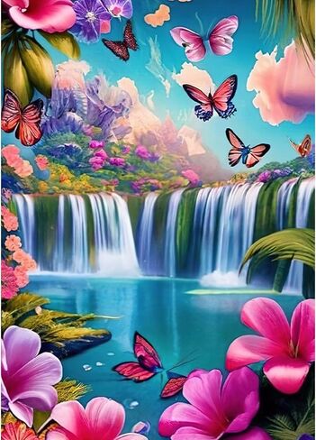 MEIYUDA 5D Diamond Painting Kits for Adults Beginners，Landscape Waterfalls Diamond Art Kits for Adults，5D DIY Full Drill Flowers and Butterflies Diamond Dots Art for Home Wall Decor 12x16inch in Saudi Arabia