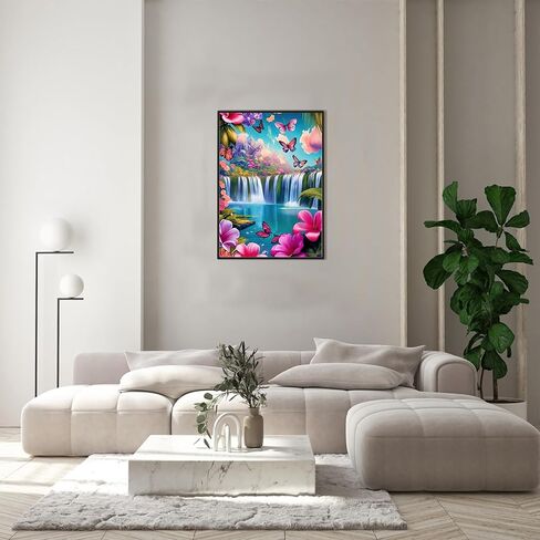 MEIYUDA 5D Diamond Painting Kits for Adults Beginners，Landscape Waterfalls Diamond Art Kits for Adults，5D DIY Full Drill Flowers and Butterflies Diamond Dots Art for Home Wall Decor 12x16inch in Saudi Arabia