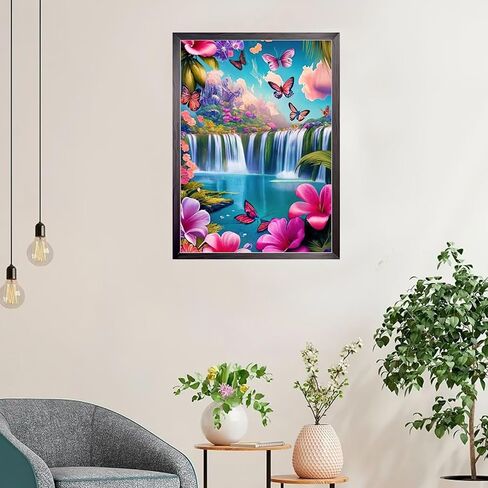 MEIYUDA 5D Diamond Painting Kits for Adults Beginners，Landscape Waterfalls Diamond Art Kits for Adults，5D DIY Full Drill Flowers and Butterflies Diamond Dots Art for Home Wall Decor 12x16inch in Saudi Arabia