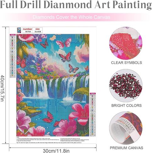 MEIYUDA 5D Diamond Painting Kits for Adults Beginners，Landscape Waterfalls Diamond Art Kits for Adults，5D DIY Full Drill Flowers and Butterflies Diamond Dots Art for Home Wall Decor 12x16inch in Saudi Arabia