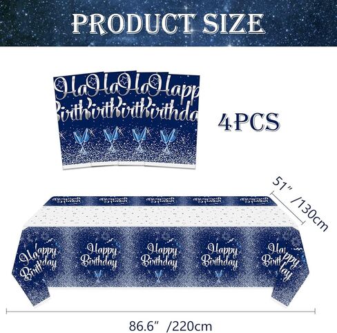 4 Pack Navy Blue and Silver Happy Birthday Tablecloths, 51x87'' Plastic Disposable Rectangle Table Cover for Men Women Boys Girls Birthday Party Decorations Supplies in Kuwait