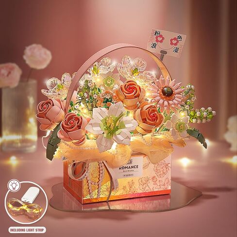 مجموعة نموذج مكعبات بناء باقة الزهور، صندوق هدايا محاكاة الورد الاصطناعي المحمول لعيد الحب، ألعاب مكعبات بناء نباتات البونساي، ديكور المنزل (وردي خيالي) in Kuwait
