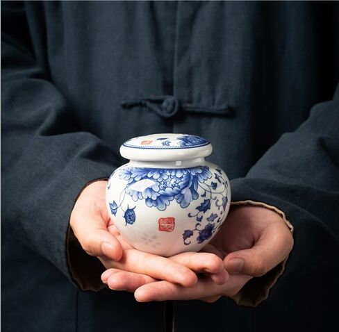 Handmade Ceramic Pet Urn for Dogs, Cats, Pet Blue and White Porcelain Ash Urn, Chinaware Memorial Cremation Funeral Burial Urn Keepsake, Forever Memory Box Memorial(White/Blue) in Kuwait