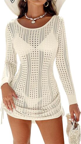 Mizoci Women's Swimsuit Cover Up Long Sleeve Hollow Out Swim Beach Cover Ups Drawstring Bathing Suits Coverup in Saudi Arabia