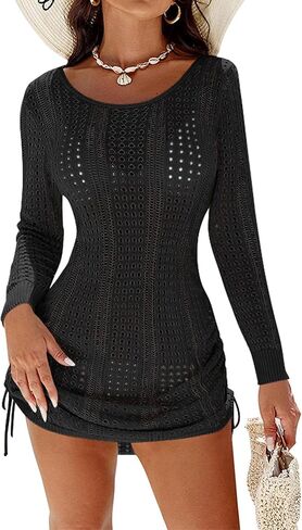 Mizoci Women's Swimsuit Cover Up Long Sleeve Hollow Out Swim Beach Cover Ups Drawstring Bathing Suits Coverup in Saudi Arabia