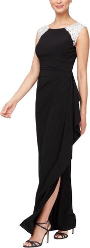 Alex Evenings Women's Long Jersey Dress with Ruched Front and Embellished Neckline (Petite and Regular Sizes) in Kuwait