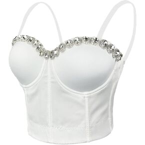 ELLACCI بلوزة نسائية بيضاء ناعمة مرصعة بحجر الراين مع أشرطة قابلة للفصل in Kuwait