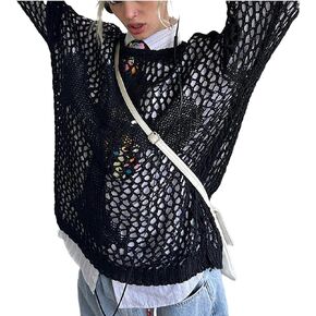 HOXIJIA Women Long Sleeve Sweaters Hollow Out Loose Round Neck Off Shoulder Crochet Cutout Fishnet Pullover Knitwear