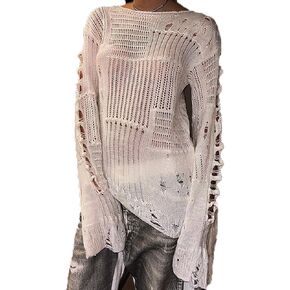 HOXIJIA سترات نسائية بأكمام طويلة مفرغة فضفاضة برقبة مستديرة مكشوفة الكتفين من الكروشيه مع فتحة شبكة صيد السمك بلوفر تريكو in Kuwait