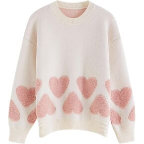 CHICWISH Women Oversized Sweaters Tender Fuzzy Heart Jacquard Crewneck Long Sleeve Fashion Pullover Sweater Jumper Tops Ivory