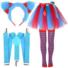 Kavoc 4Pack Blue Cat Cosplay Outfit Including Headband Blue Suspender Socks Tutu Skirt for Fancy Dress Up Party Apparel