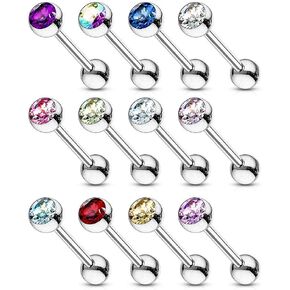 PIERCE ME (Lot of 12pcs) Tongue Ring with Cz Gem Stone Assorted Color 14G 5/8" No Duplicates