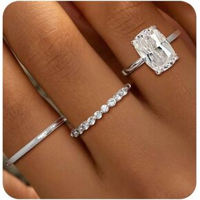 Silver Wedding Rings for Women, Stackable Big diamond band rings Dainty Cubic Zirconia Engagement Ring Set Stainless Steel Eternity Rings Pack Cute Trendy stack Waterproof Jewelry for Teen Girls