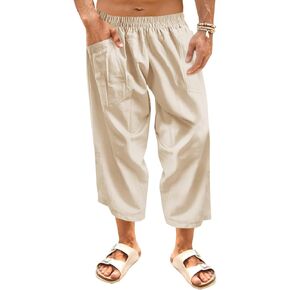 Runcati Mens Linen Capri Pants Elastic Waist Casual Lightweight Loose Fit Summer Beach Yoga Pants