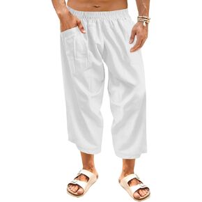 Runcati Mens Linen Capri Pants Elastic Waist Casual Lightweight Loose Fit Summer Beach Yoga Pants