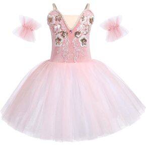 IBAKOM Girls Ballerina Swan Lake Costume Ruffle Sleeve Sparkly Ballet Tutu Toddler Ballet Leotards Dance Maxi Tulle Tutu