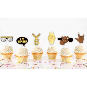 Hip Hop Cupcake Toppers Kit 80s 90s retro Theme Badass Rapper Sunglasses Gold Chain Ring Hip Black Cu-Hip-Hop