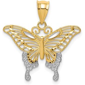 Solid 14k Yellow Gold Two Toned Diamond-cut Butterfly Pendant Charm - 17mm x 22mm