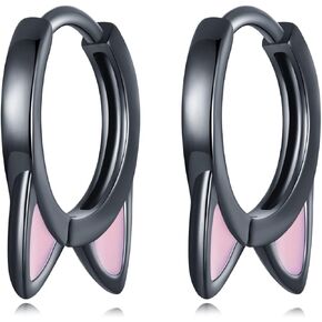Black Cat Small Hoop Earrings Sterling Silver 925 Cute Animal Pet Pink Ears Cartilage Tragus Earrings Tiny Round Huggie Hoops Statement Earrings Fashion Jewelry Gifts for Women Girls BFF