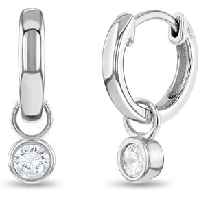 925 Sterling Silver 12mm Round Cubic Zirconia Charm Huggie Hoop Earrings For Young Girls & Teens - Great Jewelry Gift Ideas for Young Girls - Simple Hoop Earrings for Everyday Wear