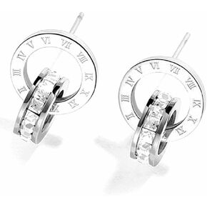Stainless Steel Roman Numbers Interlocking Circles Cubic Zircon Filled Hoop Cuff Earrings