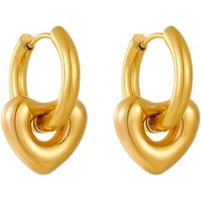 Gold Hoop Earrings for Women, Trendy Chunky Gold Hoop Heart Dangle Earrings Simple Hypoallergenic with Convertible Dangle Earrings for Girls Jewelry Gifts