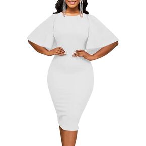 Womens Bodycon Ruffle Flared Short Sleeve Work Midi Dress Business Office Casual Pencil Dress