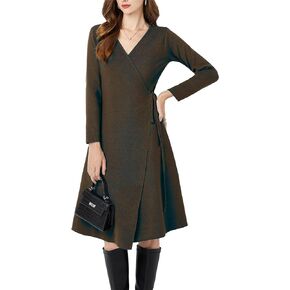 Mettclasi Women's Long-Sleeve Wrap V Neck Dress - Elegant Business Dress with Straps