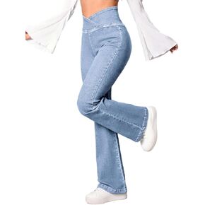LifeShe Women's Crossover Flare Jeans Casual Bell Bottom High Waist Bootcut Denim Pants in Saudi Arabia