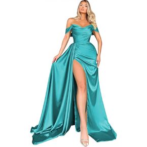 Miao Duo Women's Off Shoulder Mermaid Prom Dresses Long with Slit Pleates Wrap Satin Formal Evening Gowns MDPM104