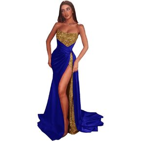 Glitter Sequin Prom Dresses Satin Mermaid Slit Bridesmaid Dress Sparkly Stretch Long Formal Wedding Gown with Train