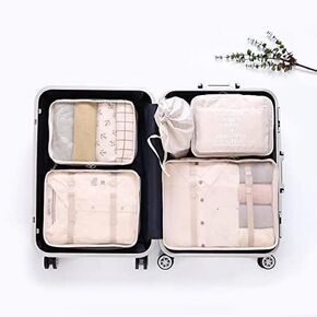 LANGUGU Compression Travel Luggage Organizers 6 Set, Mesh Clothes Bags Luggage Travel Packing Cubes with Bra Underwear Bag for Carry-on Luggage, Suitcase and Backpacking Accessories (Beige)