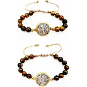 2Pcs San Benito Bracelets Tigher Eye Adjustable Bracelet Gift Trendy Stuff For Women Men Teen Boys The Saint Benedict Medal Pendant Protection Blessing Charm Catholic San Benito Medalla Handmade Matching Bracelets Couples Valentine day Gift