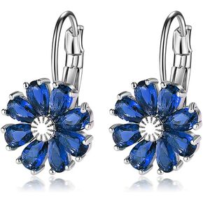 CZ Wedding Daisy Flower Earrings for Women Girls Silver Plated Cubic Zirconia Cute Sunflower Dangle Small Hoop Lever Back Huggie Hoops Earring Nickel Free Birthday Party Vacation Jewelry Gifts (Blue)