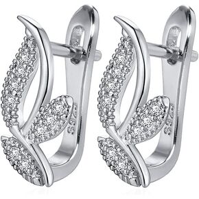CZ Grass Leaf Small Hoop Earrings 14G Ear Piercing Cartilage Studs Earring for Women Girls 925 Silver Plated Cubic Zirconia Cluster Leaves Lever Back Click-Top Huggie Hoops Wedding Jewelry