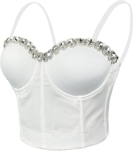 ELLACCI بلوزة نسائية بيضاء ناعمة مرصعة بحجر الراين مع أشرطة قابلة للفصل in Kuwait