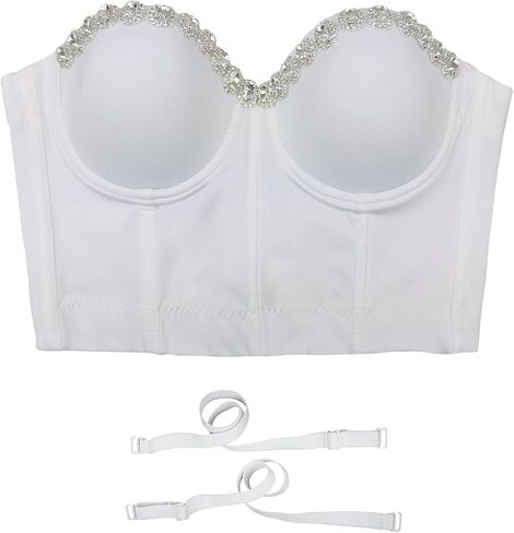 ELLACCI بلوزة نسائية بيضاء ناعمة مرصعة بحجر الراين مع أشرطة قابلة للفصل in Kuwait