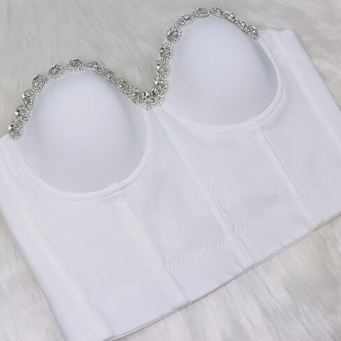 ELLACCI بلوزة نسائية بيضاء ناعمة مرصعة بحجر الراين مع أشرطة قابلة للفصل in Kuwait