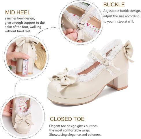 LUXMAX Women Kawaii Mid Block Heel Mary Jane Rockabilly Pumps with Bow | Kawaii Shoes,Platform Mary Janes,Chunky Heel Pumps,Cute Sweet Shoes,Fashion Dress Shoes,Comfortable Pumps in Kuwait