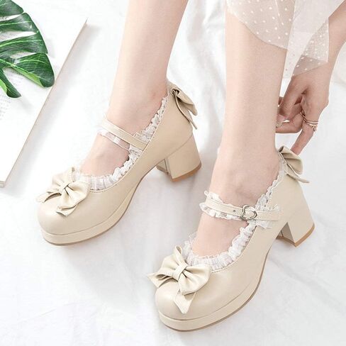 LUXMAX Women Kawaii Mid Block Heel Mary Jane Rockabilly Pumps with Bow | Kawaii Shoes,Platform Mary Janes,Chunky Heel Pumps,Cute Sweet Shoes,Fashion Dress Shoes,Comfortable Pumps in Kuwait