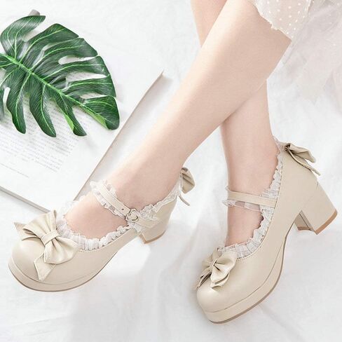 LUXMAX Women Kawaii Mid Block Heel Mary Jane Rockabilly Pumps with Bow | Kawaii Shoes,Platform Mary Janes,Chunky Heel Pumps,Cute Sweet Shoes,Fashion Dress Shoes,Comfortable Pumps in Kuwait