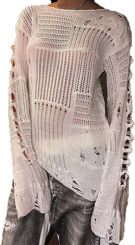 HOXIJIA Women Long Sleeve Sweaters Hollow Out Loose Round Neck Off Shoulder Crochet Cutout Fishnet Pullover Knitwear in Kuwait