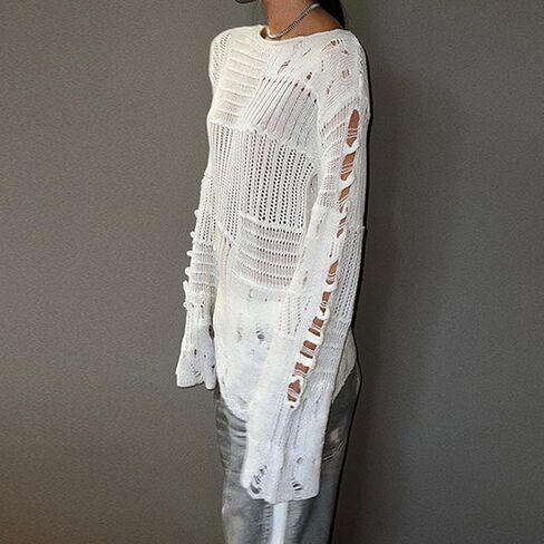 HOXIJIA Women Long Sleeve Sweaters Hollow Out Loose Round Neck Off Shoulder Crochet Cutout Fishnet Pullover Knitwear in Kuwait