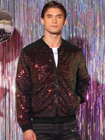 Lars Amadeus Sequin Jacket for Men's Zipper Long Sleeves Party Disco Shiny Bomber Jacket in Saudi Arabia