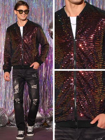 Lars Amadeus Sequin Jacket for Men's Zipper Long Sleeves Party Disco Shiny Bomber Jacket in Saudi Arabia