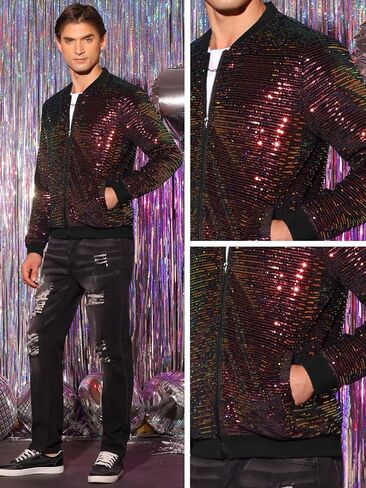 Lars Amadeus Sequin Jacket for Men's Zipper Long Sleeves Party Disco Shiny Bomber Jacket in Saudi Arabia