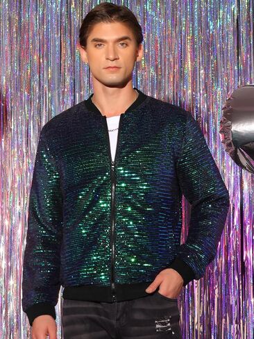 Lars Amadeus Sequin Jacket for Men's Zipper Long Sleeves Party Disco Shiny Bomber Jacket in Saudi Arabia