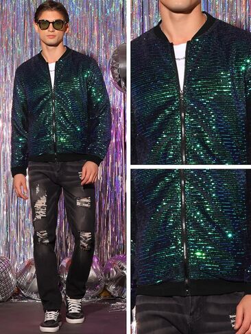 جاكيت Lars Amadeus Sequin للرجال بسحاب وأكمام طويلة للحفلات ديسكو جاكيت بومبر لامع in Kuwait