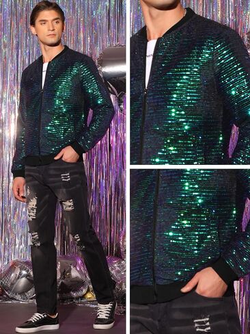 جاكيت Lars Amadeus Sequin للرجال بسحاب وأكمام طويلة للحفلات ديسكو جاكيت بومبر لامع in Kuwait